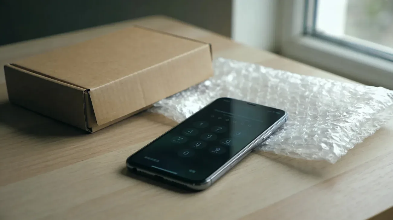 A secondhand smartphone on a table showing a locked screen, next to a receipt and a coffee cup in soft natural light
