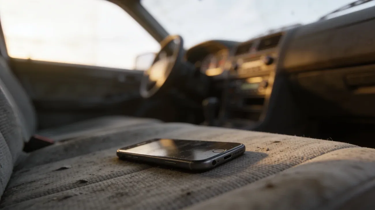iPhone obrátený displejom dolu na opotrebovanej autosedačke, palubovka rozostrená – atmosféra strateného telefónu v aute